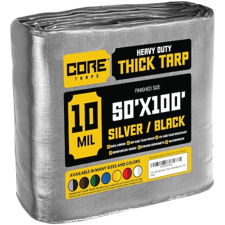 Core Tarps Heavy Duty Tarp, 100 ft L x 0.5 mm H x 50 ft W, 10 Mil, Silver/Black, Polyethylene CT-601-50X100